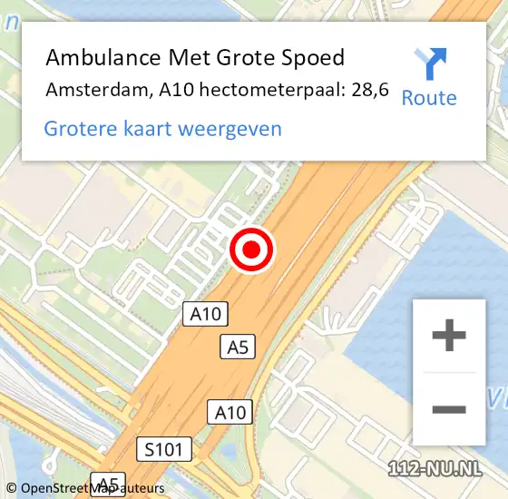 Locatie op kaart van de 112 melding: Ambulance Met Grote Spoed Naar Amsterdam, A10 hectometerpaal: 28,6 op 14 mei 2025 17:55