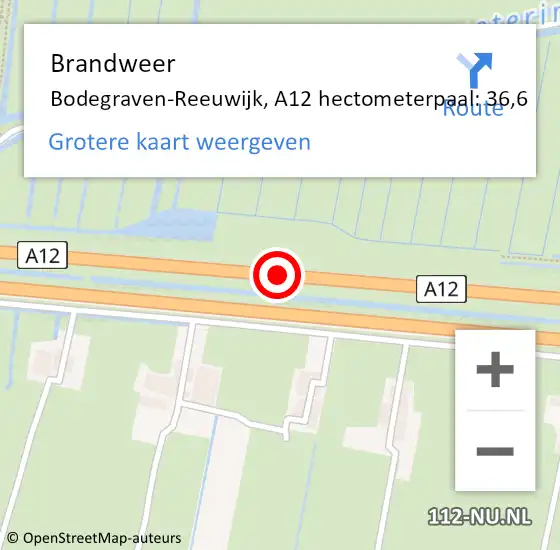 Locatie op kaart van de 112 melding: Brandweer Bodegraven-Reeuwijk, A12 hectometerpaal: 36,6 op 14 mei 2025 20:47
