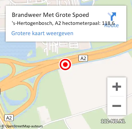 Locatie op kaart van de 112 melding: Brandweer Met Grote Spoed Naar 's-Hertogenbosch, A2 hectometerpaal: 118,6 op 14 mei 2025 23:18
