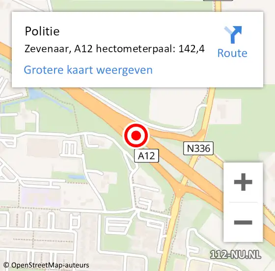 Locatie op kaart van de 112 melding: Politie Zevenaar, A12 hectometerpaal: 142,4 op 14 mei 2025 23:29
