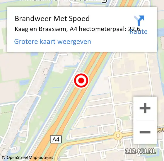 Locatie op kaart van de 112 melding: Brandweer Met Spoed Naar Kaag en Braassem, A4 hectometerpaal: 22,6 op 15 mei 2025 00:05