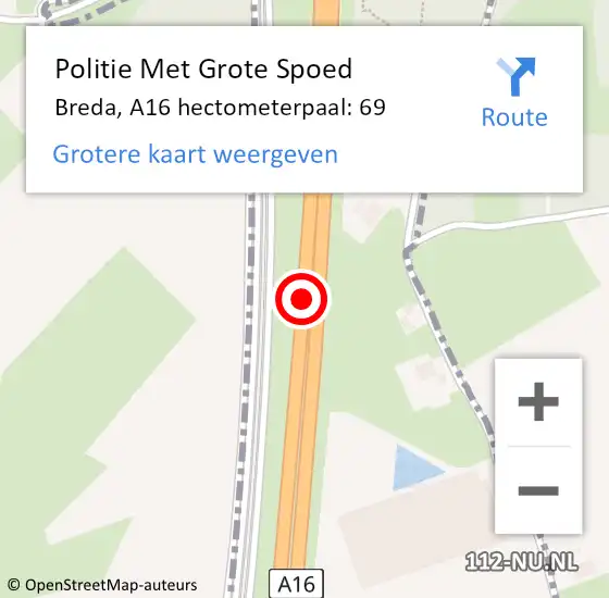 Locatie op kaart van de 112 melding: Politie Met Grote Spoed Naar Alphen-Chaam, A16 hectometerpaal: 69 op 15 mei 2025 01:08