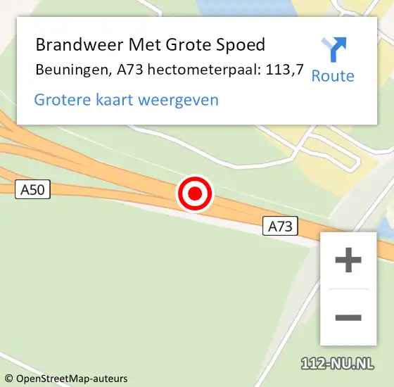 Locatie op kaart van de 112 melding: Brandweer Met Grote Spoed Naar Beuningen, A73 hectometerpaal: 113,7 op 15 mei 2025 07:44