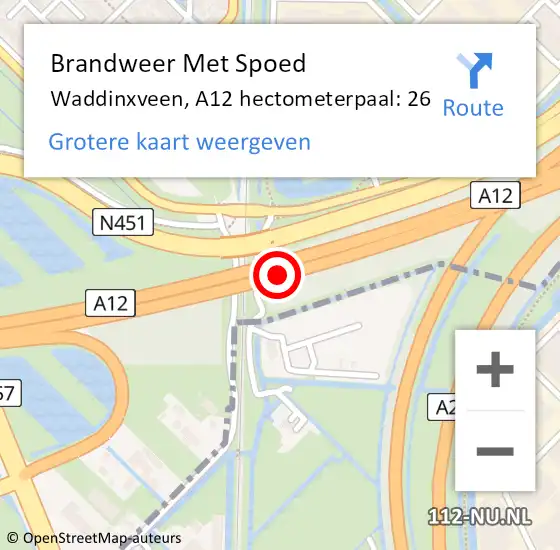 Locatie op kaart van de 112 melding: Brandweer Met Spoed Naar Waddinxveen, A12 hectometerpaal: 26 op 15 mei 2025 09:47