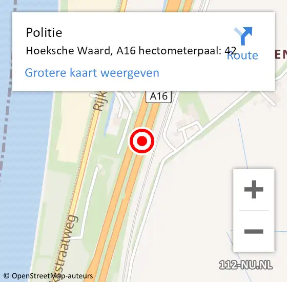 Locatie op kaart van de 112 melding: Politie Hoeksche Waard, A16 hectometerpaal: 42 op 15 mei 2025 12:08