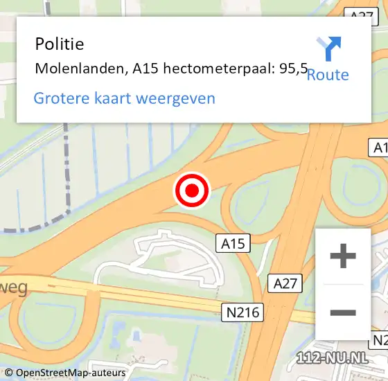 Locatie op kaart van de 112 melding: Politie Molenlanden, A15 hectometerpaal: 95,5 op 15 mei 2025 13:40