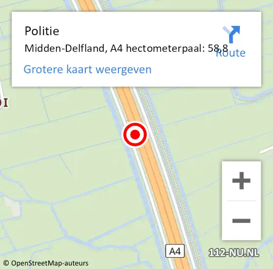 Locatie op kaart van de 112 melding: Politie Midden-Delfland, A4 hectometerpaal: 58,8 op 15 mei 2025 14:01