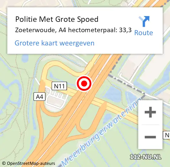 Locatie op kaart van de 112 melding: Politie Met Grote Spoed Naar Zoeterwoude, A4 hectometerpaal: 33,3 op 15 mei 2025 15:17