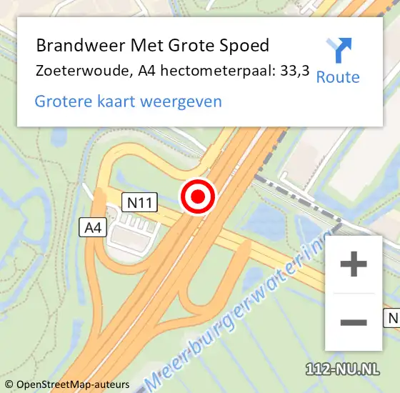 Locatie op kaart van de 112 melding: Brandweer Met Grote Spoed Naar Zoeterwoude, A4 hectometerpaal: 33,3 op 15 mei 2025 15:18