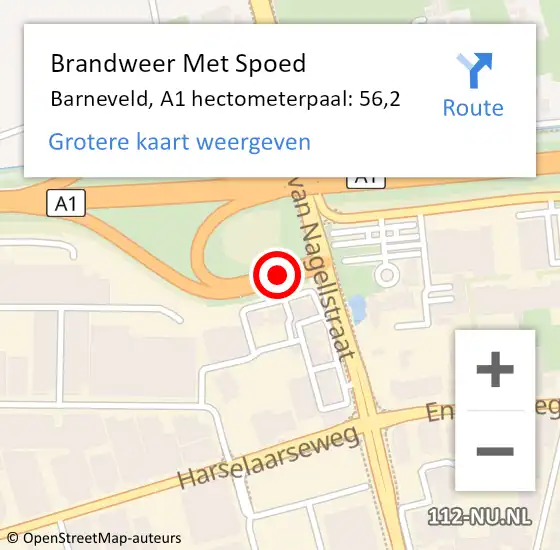 Locatie op kaart van de 112 melding: Brandweer Met Spoed Naar Barneveld, A1 hectometerpaal: 56,2 op 15 mei 2025 15:37