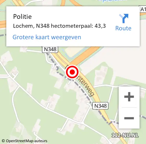 Locatie op kaart van de 112 melding: Politie Lochem, N348 hectometerpaal: 43,3 op 15 mei 2025 15:41