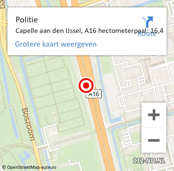 Locatie op kaart van de 112 melding: Politie Capelle aan den IJssel, A16 hectometerpaal: 16,4 op 15 mei 2025 15:58