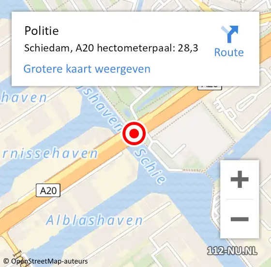 Locatie op kaart van de 112 melding: Politie Schiedam, A20 hectometerpaal: 28,3 op 15 mei 2025 16:21