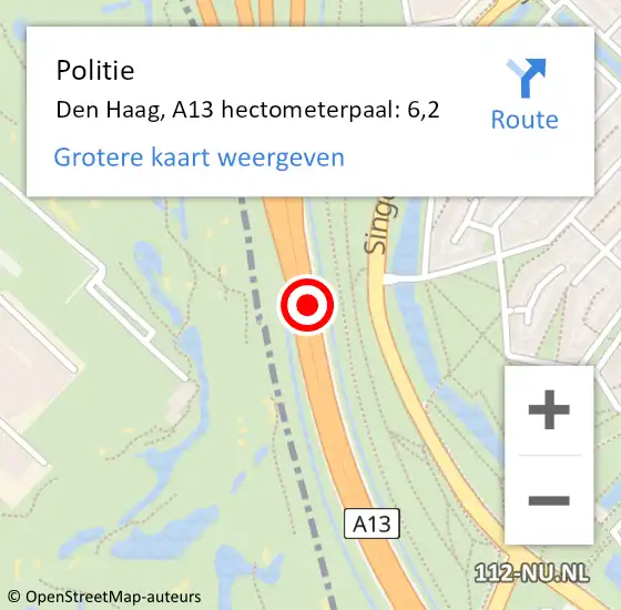 Locatie op kaart van de 112 melding: Politie Rijswijk, A13 hectometerpaal: 6,2 op 15 mei 2025 16:27