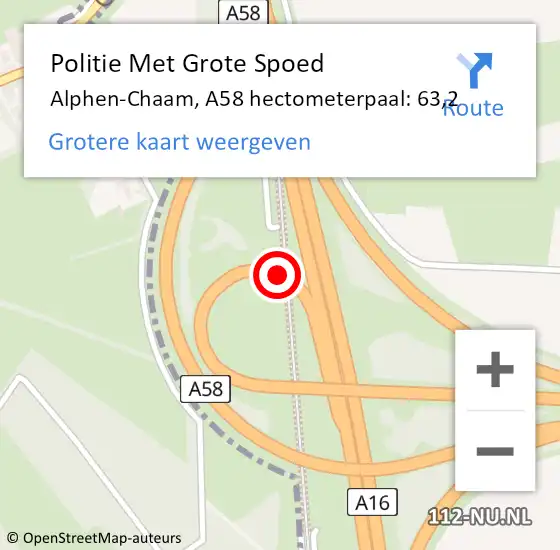 Locatie op kaart van de 112 melding: Politie Met Grote Spoed Naar Alphen-Chaam, A58 hectometerpaal: 63,2 op 15 mei 2025 16:29