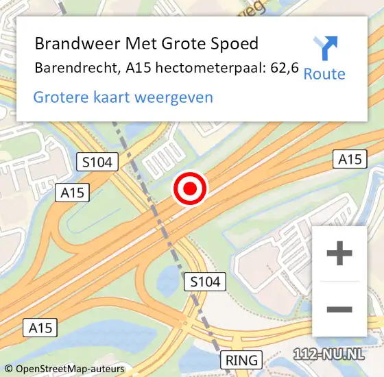 Locatie op kaart van de 112 melding: Brandweer Met Grote Spoed Naar Barendrecht, A15 hectometerpaal: 62,6 op 15 mei 2025 17:07