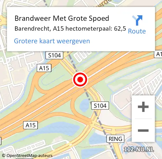 Locatie op kaart van de 112 melding: Brandweer Met Grote Spoed Naar Barendrecht, A15 hectometerpaal: 62,5 op 15 mei 2025 17:10