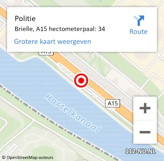 Locatie op kaart van de 112 melding: Politie Brielle, A15 hectometerpaal: 34 op 15 mei 2025 17:49