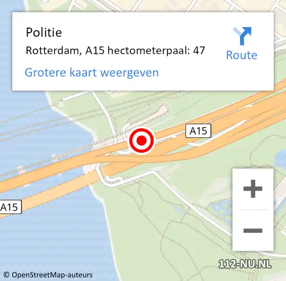 Locatie op kaart van de 112 melding: Politie Rotterdam, A15 hectometerpaal: 47 op 15 mei 2025 18:25