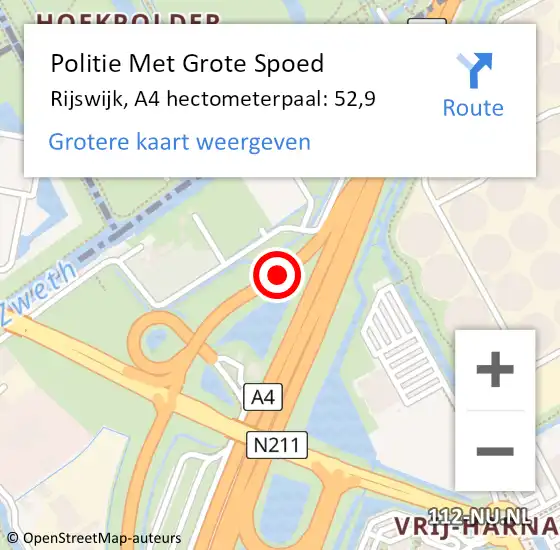 Locatie op kaart van de 112 melding: Politie Met Grote Spoed Naar Rijswijk, A4 hectometerpaal: 52,9 op 15 mei 2025 18:35