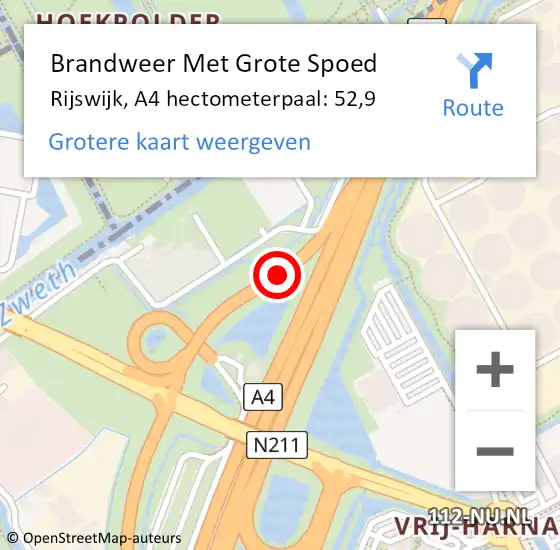 Locatie op kaart van de 112 melding: Brandweer Met Grote Spoed Naar Rijswijk, A4 hectometerpaal: 52,9 op 15 mei 2025 18:36