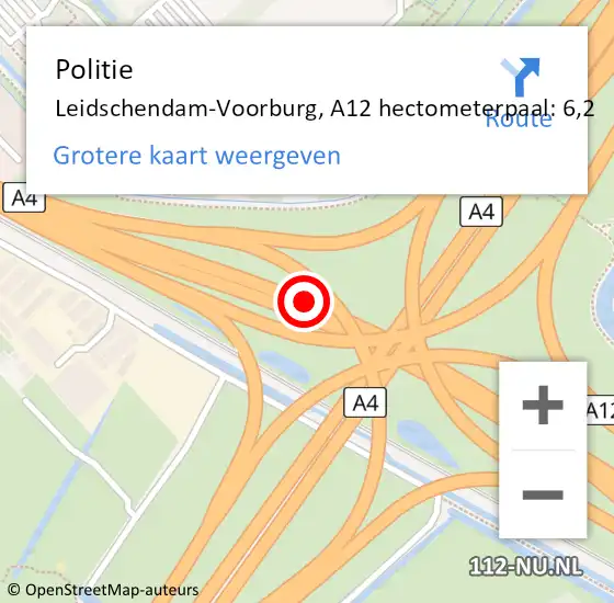 Locatie op kaart van de 112 melding: Politie Leidschendam-Voorburg, A12 hectometerpaal: 6,2 op 15 mei 2025 19:53
