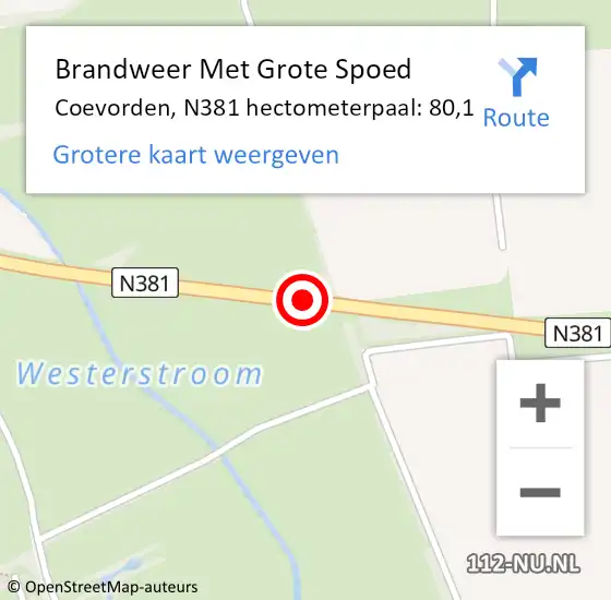 Locatie op kaart van de 112 melding: Brandweer Met Grote Spoed Naar Coevorden, N381 hectometerpaal: 80,1 op 15 mei 2025 19:55