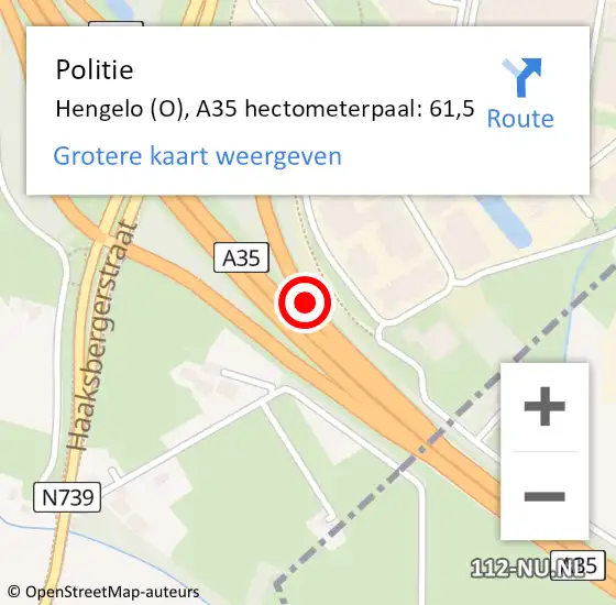 Locatie op kaart van de 112 melding: Politie Hengelo (O), A35 hectometerpaal: 61,5 op 16 mei 2025 02:42