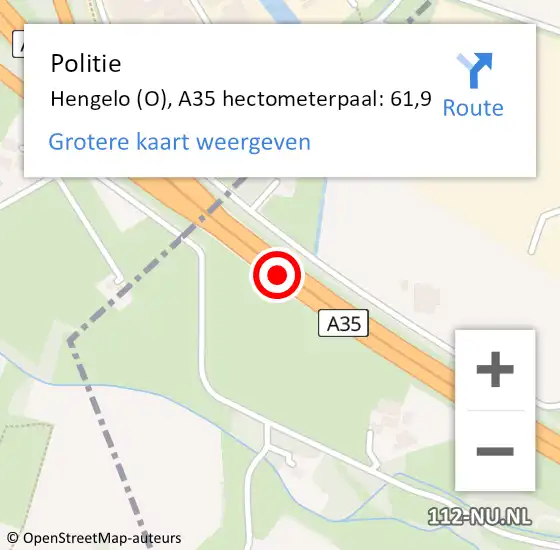 Locatie op kaart van de 112 melding: Politie Hengelo (O), A35 hectometerpaal: 61,9 op 16 mei 2025 02:46