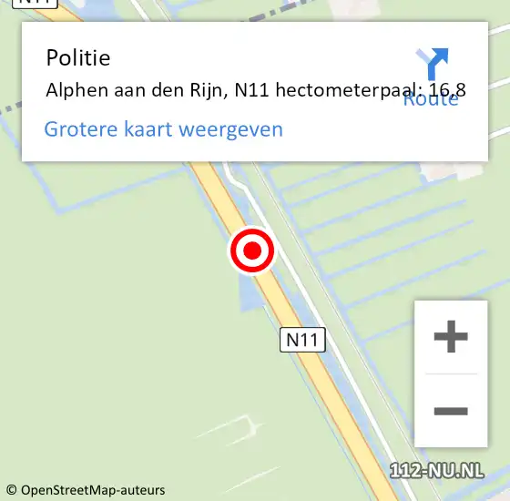 Locatie op kaart van de 112 melding: Politie Alphen aan den Rijn, N11 hectometerpaal: 16,8 op 16 mei 2025 04:27