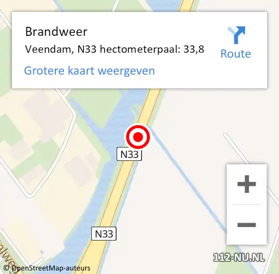 Locatie op kaart van de 112 melding: Brandweer Veendam, N33 hectometerpaal: 33,8 op 16 mei 2025 04:54