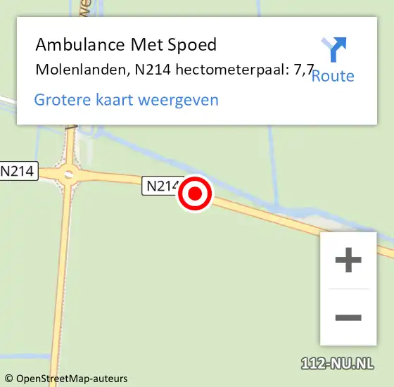 Locatie op kaart van de 112 melding: Ambulance Met Spoed Naar Molenlanden, N214 hectometerpaal: 7,7 op 16 mei 2025 14:54