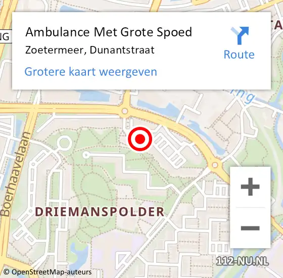 Locatie op kaart van de 112 melding: Ambulance Met Grote Spoed Naar Zoetermeer, Dunantstraat op 18 mei 2025 15:20