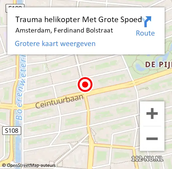 Locatie op kaart van de 112 melding: Trauma helikopter Met Grote Spoed Naar Amsterdam, Ferdinand Bolstraat op 18 mei 2025 15:27