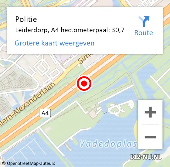 Locatie op kaart van de 112 melding: Politie Leiderdorp, A4 hectometerpaal: 30,7 op 18 mei 2025 15:52