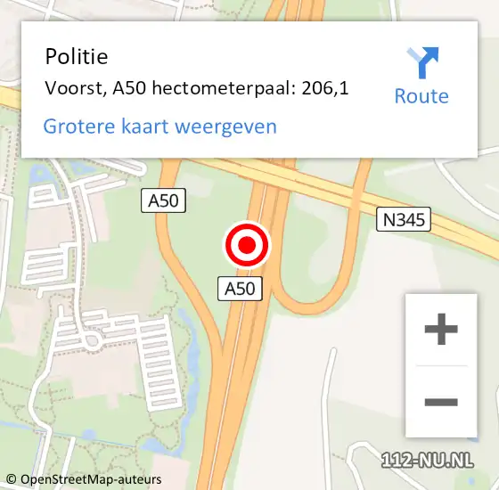 Locatie op kaart van de 112 melding: Politie Voorst, A50 hectometerpaal: 206,1 op 18 mei 2025 15:59
