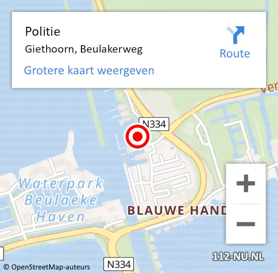 Locatie op kaart van de 112 melding: Politie Giethoorn, Beulakerweg op 18 mei 2025 16:39