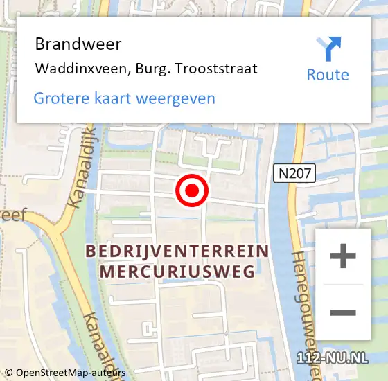 Locatie op kaart van de 112 melding: Brandweer Waddinxveen, Burg. Trooststraat op 17 november 2014 12:58