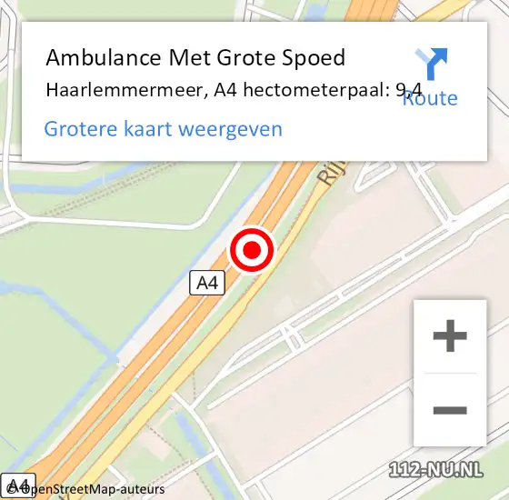 Locatie op kaart van de 112 melding: Ambulance Met Grote Spoed Naar Haarlemmermeer, A4 hectometerpaal: 9,4 op 19 mei 2025 08:13