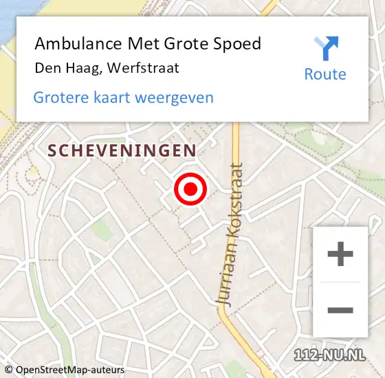 Locatie op kaart van de 112 melding: Ambulance Met Grote Spoed Naar Den Haag, Werfstraat op 19 mei 2025 21:04