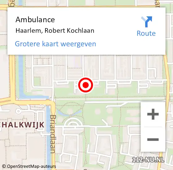Locatie op kaart van de 112 melding: Ambulance Haarlem, Robert Kochlaan op 20 mei 2025 21:06