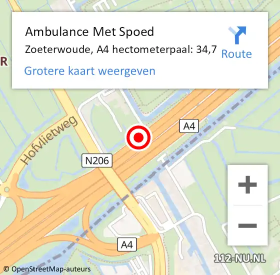 Locatie op kaart van de 112 melding: Ambulance Met Spoed Naar Zoeterwoude, A4 hectometerpaal: 34,7 op 26 mei 2025 09:14