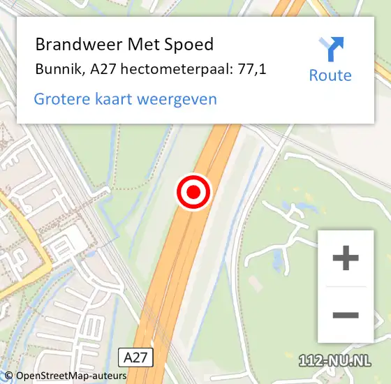 Locatie op kaart van de 112 melding: Brandweer Met Spoed Naar Bunnik, A27 hectometerpaal: 77,1 op 26 mei 2025 17:16