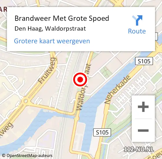 Locatie op kaart van de 112 melding: Brandweer Met Grote Spoed Naar Den Haag, Waldorpstraat op 27 mei 2025 16:35