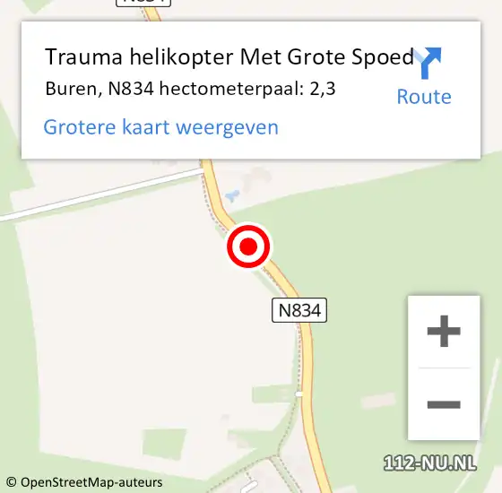 Locatie op kaart van de 112 melding: Trauma helikopter Met Grote Spoed Naar Buren, N834 hectometerpaal: 2,3 op 29 mei 2025 20:35
