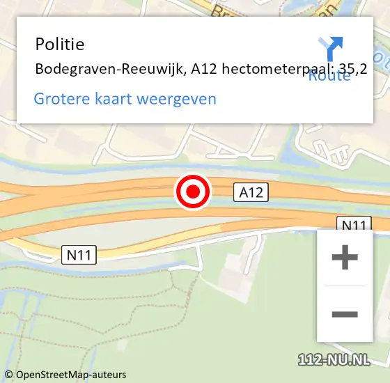 Locatie op kaart van de 112 melding: Politie Bodegraven-Reeuwijk, A12 hectometerpaal: 35,2 op 30 mei 2025 09:19