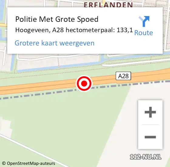 Locatie op kaart van de 112 melding: Politie Met Grote Spoed Naar Hoogeveen, A28 hectometerpaal: 133,1 op 30 mei 2025 10:02