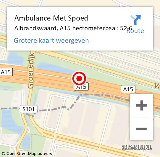 Locatie op kaart van de 112 melding: Ambulance Met Spoed Naar Albrandswaard, A15 hectometerpaal: 52,6 op 30 mei 2025 18:03