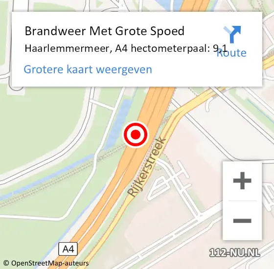 Locatie op kaart van de 112 melding: Brandweer Met Grote Spoed Naar Haarlemmermeer, A4 hectometerpaal: 9,1 op 30 mei 2025 19:38