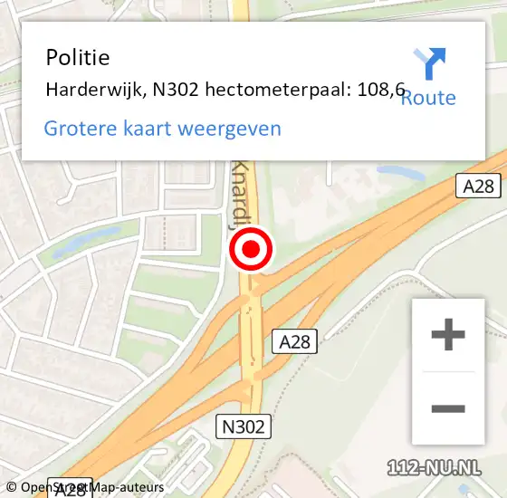 Locatie op kaart van de 112 melding: Politie Harderwijk, N302 hectometerpaal: 108,6 op 30 mei 2025 21:45
